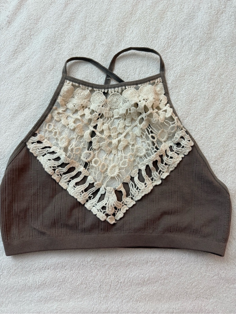 Crochet-Front Halter Crop Top in Brown and Cream